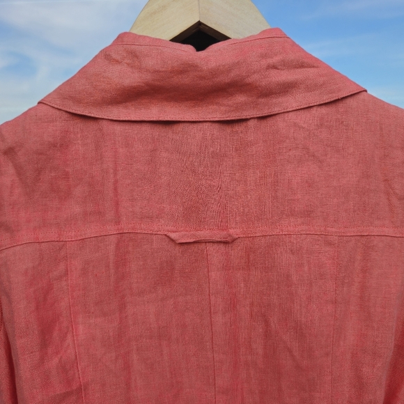 100% LINEN button up tie waist coral dress, sleeveless w collar 052 - Picture 3 of 8